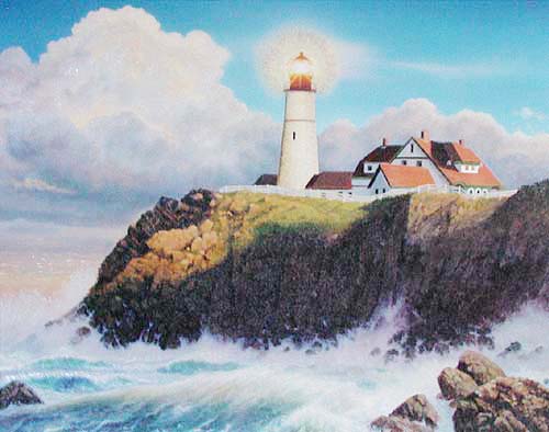 Weißer Leuchtturm unter Beleuchtung Alubild Portland Lighthouse