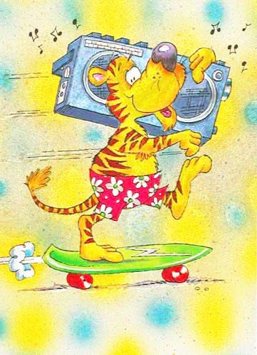 Dufex Alu Postkarte 10x15 cm: Tiger auf Skateboard