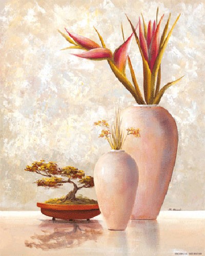 Stilleben, Zwei Weiße Vasen und Bonsai Baum II, S. Sauci