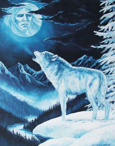 Heulender Wolf und Indianer-Mond Poster 40x50 cm