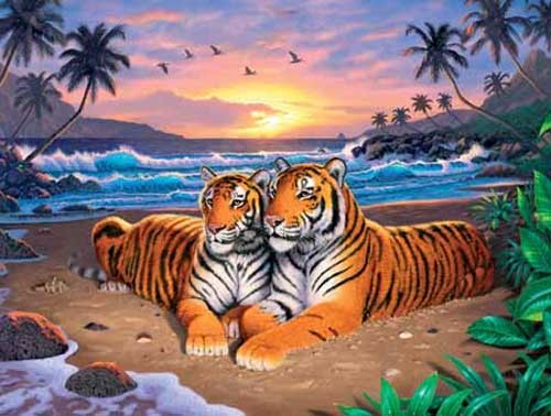 Zwei Tiger am Strand Dufex Alu Bild 16x21 cm