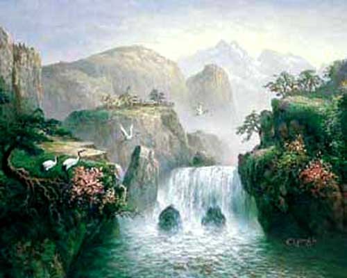 Kraniche vorm Wasserfall, Chiu Alu Bild