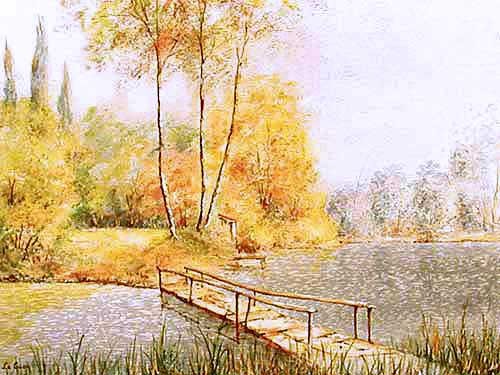 Herbstliche Landschaft mit Holzbrücke übers Wasser - Alubild