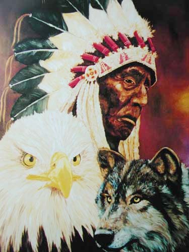 Indianer mit Wolf und Adler