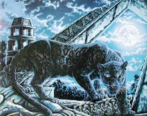 Poster Schwarzer Panther bei Vollmond Fantasie-Bild von Mark A. E.