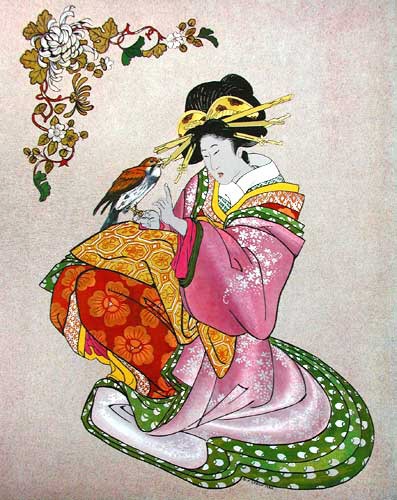 Japanerin mit Falke, Der Unterricht Dufex Alubild 43x54 cm