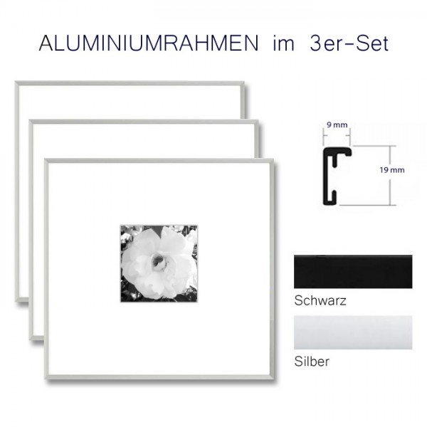 Alurahmen 10x10 im 3-er Set in Silber und Schwarz matt