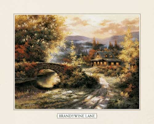 Herbstlandschaft mit Steinbrücke Lithodruck 56x71 cm