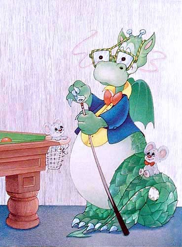 Kinderbild Grüner Drache spielt Billard Dufex Alubild 16x21 cm