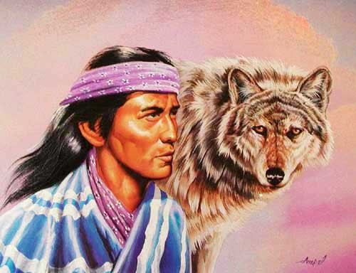 Indianer und Wolf nach rechts Bild