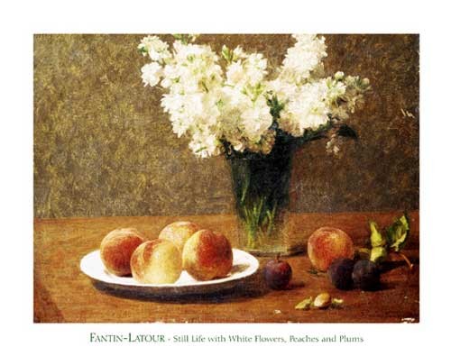 Still Life with White Flowers, Peaches and Plums