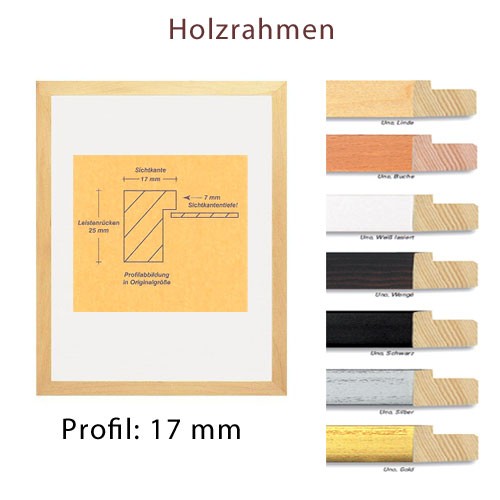Holzrahmen 24x30 / 30x24 cm, Profil 17 mm in Buche, Linde, Weiß, Schwarz, Silber, Gold, Wengè