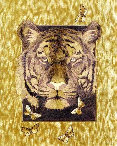 Tiger und Schmetterlinge in Gold, Dufex Alu Bild 21x26 cm