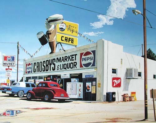 Alter Supermarkt mit Oldtimer Crosbys Market und Liquor Poster