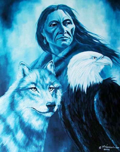 Indianer mit Wolf und Adler by J.T.Vogtschmidt