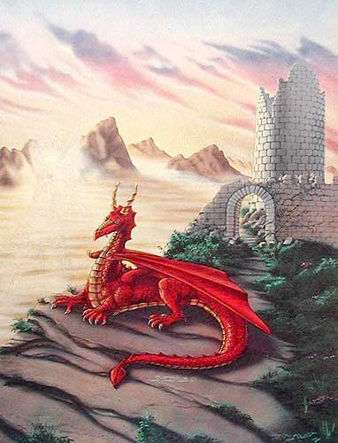 Roter Drache vor Burg Bild Dufex Alubild Red Dragon