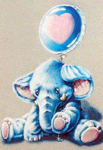 Postkarte Liebeskummer – Elefant hält traurig einen Herz-Luftballon 