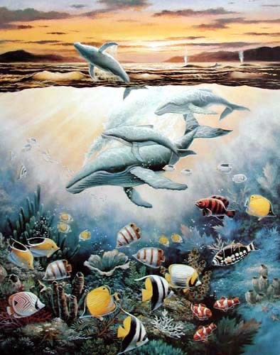 Buckelwale und tropische Fische bei Sonnenuntergang von Chiu, Poster 40x50 cm