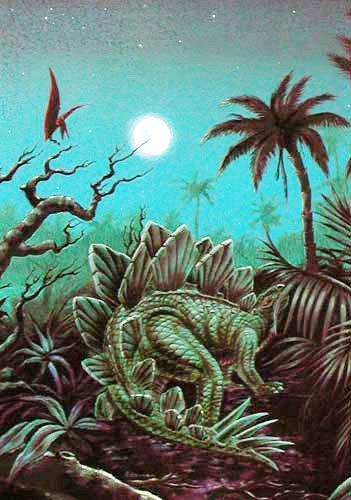 Dino Stegosaururs im Mondlicht Dufex Alu Postkarte