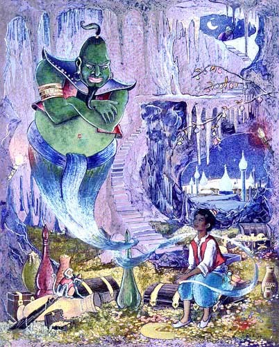 Aladdin und Flaschengeist Dschinni, Jean und Ron Henry Bild 21x26 cm