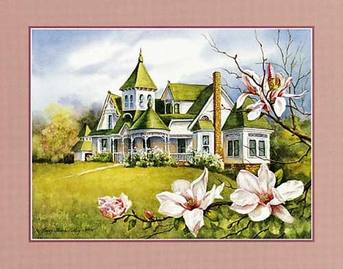 Viktorianisches Haus und Magnolien Druck 20x25 cm