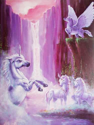 Einhörner und Pegasus vorm Wasserfall Poster