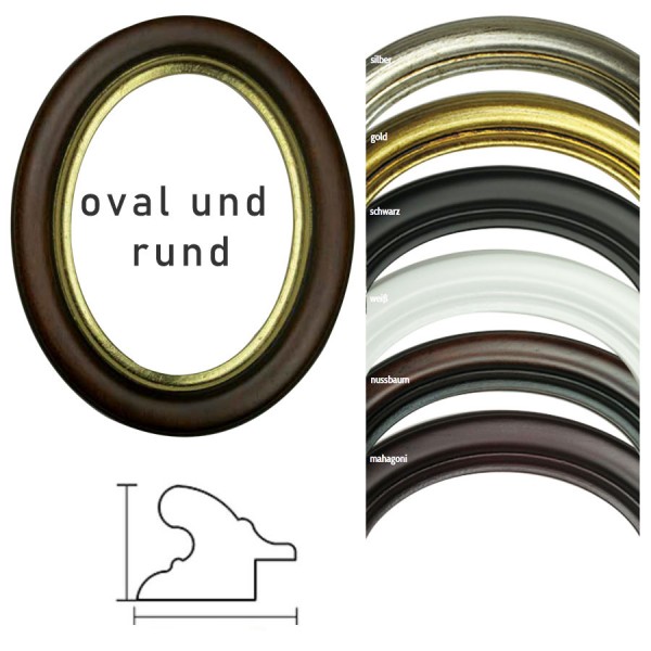 Runde und ovale Bilderrahmen aus Holz in Gold, Silber, Schwarz, Weiß Mahagoni und Nussbaum