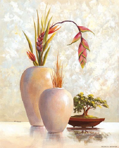 Stilleben, Zwei Weiße Vasen und Bonsai Baum I, S. Sauci