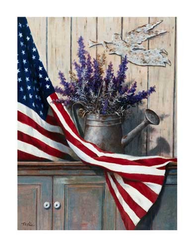 USA Fahne mit lila Blumen- Kunstdruck