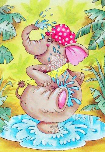 Dufex Postkarte Duschen unter Palmen – Elefant nimmt fröhlich ein Duschbad 
