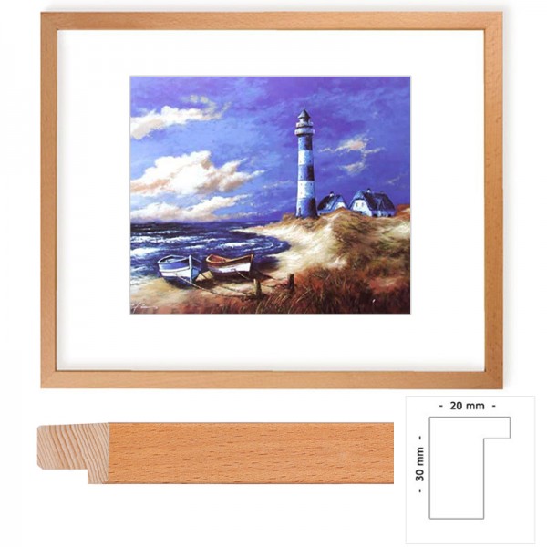 Wandbild Blau-weißer Leuchtturm II mit Holzrahmen