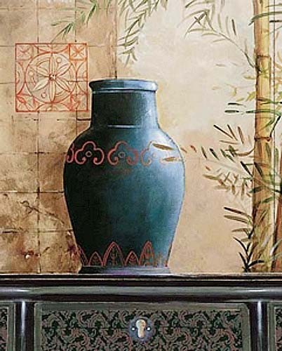 Stilleben, schwarze Vase mit roten Ornamenten