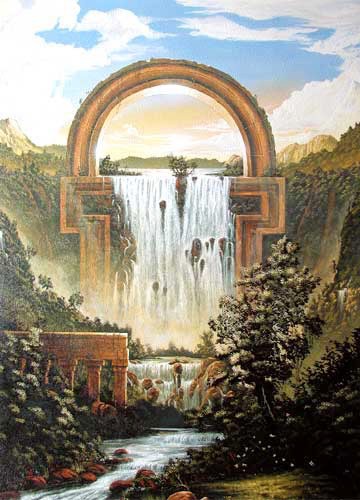 Fantastische Landschaft mit Wasserfall, Huber- Kunstdruck Poster