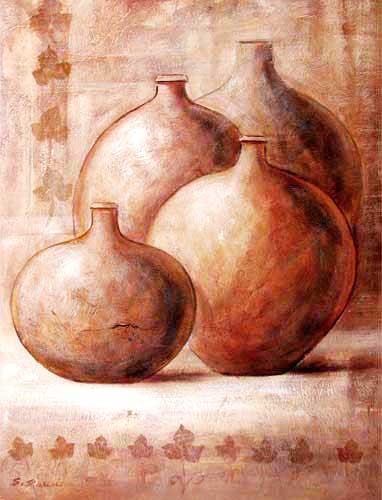 Stillleben, Vier Terracotta Krüge Kunstdruck