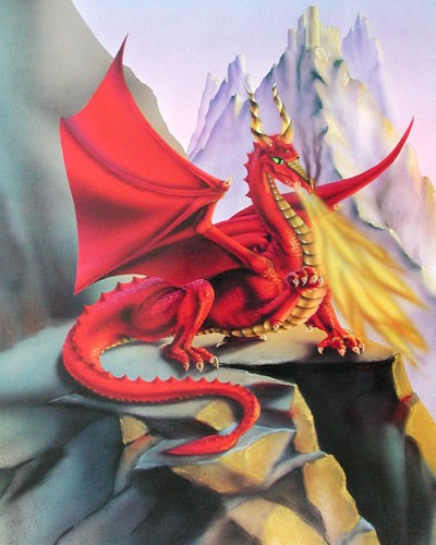 Feuerdrache auf Bergspitze Poster 40x50 cm