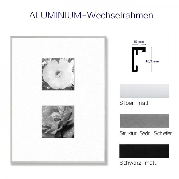 Aluminium Bilderrahmen 30x40 cm, kantige Leiste in Silber, Schwarz und Grau