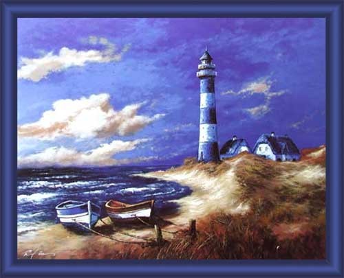 Wandbild: Blauer Leuchtturm und 2 Boote