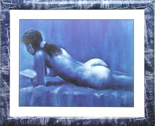 Weiblicher Akt liegend in blau- Wandbild