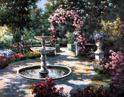 Garten mit Rosenbogen und Springbrunnen, Kunstdruck 20x25