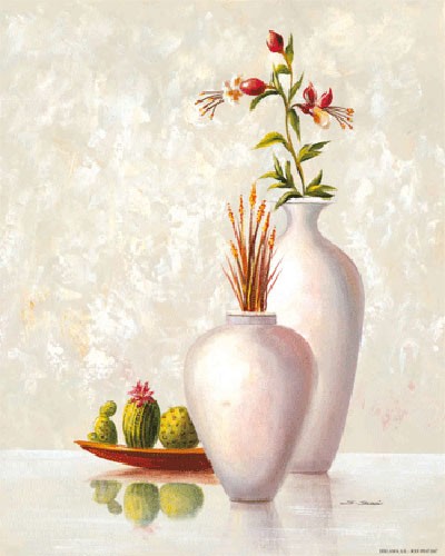 Stilleben, Zwei Weiße Vasen und Kaktus I, S. Sauci
