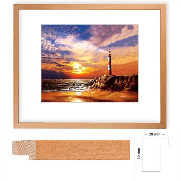 Wandbild Rot-weißer Leuchtturm mit Buchenholz-Rahmen