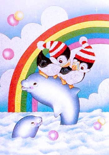 Delphin und Pinguine unterm Regenbogen Postkarte