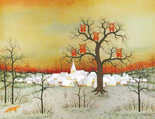Alubild 43x54 cm: Rote Eulen sitzen im Baum und beschützen die Stadt – Guardians oft the Village, Manfred Horn