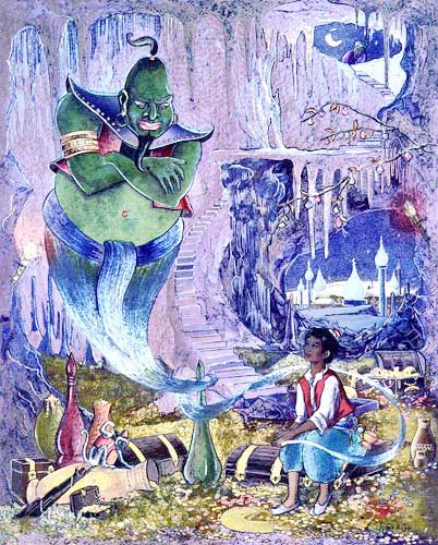 Aladdin und Flaschengeist Dschinni, Jean und Ron Henry Bild 43x54 cm