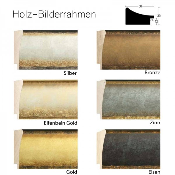 Holz-Bilderrahmen 120x120 cm, Profil Inka 50 in Silber, Elfenbein, Gold, Bronze, Zinn, Eisen