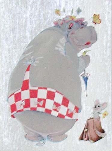 Nilpferd, Maus und Schmetterling Dufex Alu Bild im Format 16x21 cm