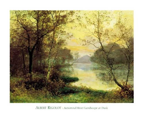 Herbstliche Flusslandschaft in Abenddämmerung - Kunstdruck 56x71 cm
