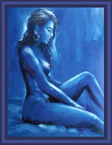 Weiblicher Akt nach rechts in blau Wandbild 65x80