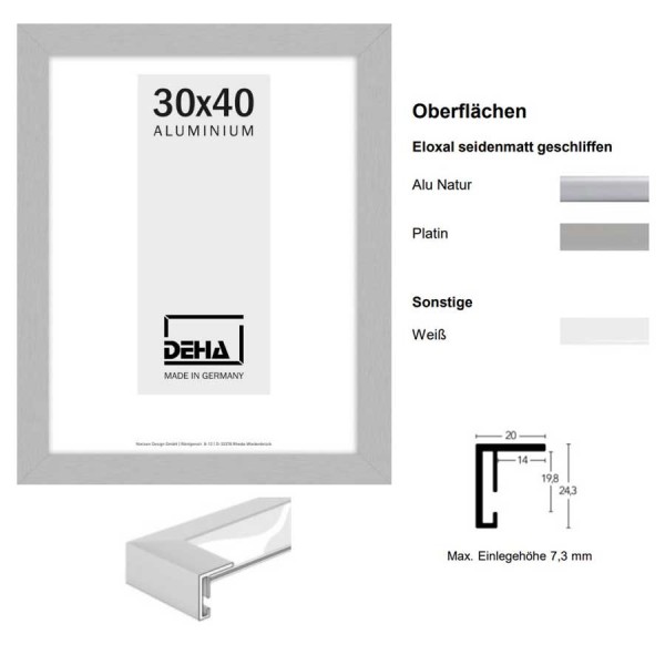 Deha Alu Bilderrahmen Profil 72, Cube20 im Format 70 x 120 cm in Champagner oder Schwarz