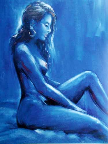 Weiblicher Akt nach rechts in blau Kunstdruck